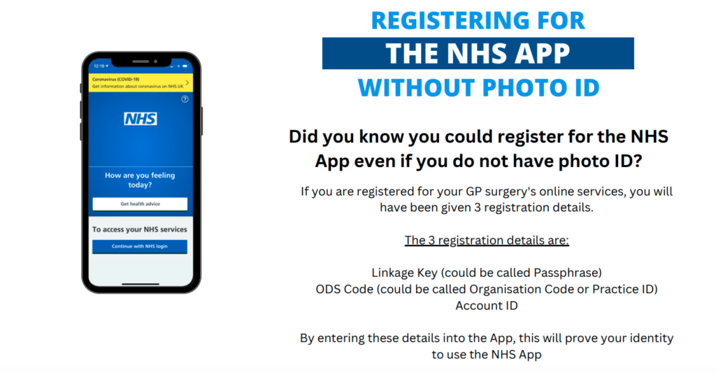 Registering for the NHS app without photo id. Full text below