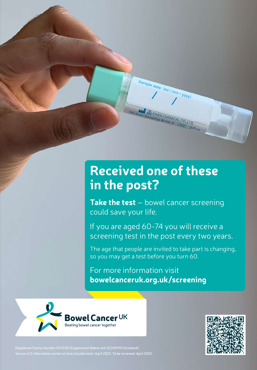 Received one of these in the post? Take the test - bowel cancer screening could save your life. If you are aged 60-74 you will receive a screening test in the post every two years. The age that people are invited to take part is changing so you may get a test before you turn 60