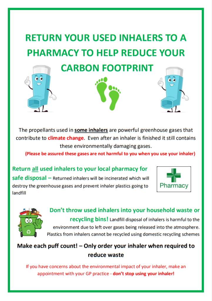 Return your used inhalers to a pharmacy to help reduce your carbon footprint.  Full text below