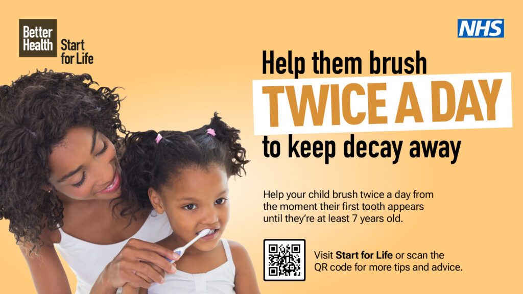 Help them brush twice a day to keep decay away. Full text below